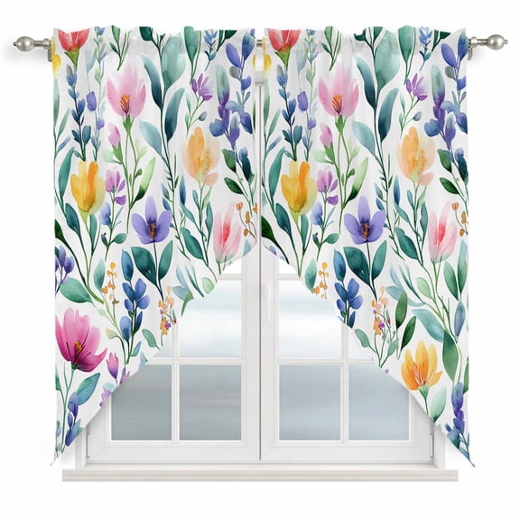Swag Valance Curtains for Windows, Flower Leaf Light Filtering Kitchen Curtains with Rod Pocket, Farmhouse Boho Spring Floral Green Pink Window Treatment Valances for Living Room, 28x36 - 2 PCS
