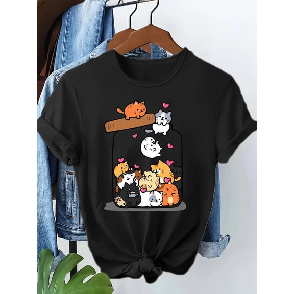 Fashion Funny Cat T Shirt Women Letter Print Short Sleeve Round Neck Women's Casual Summer Breathable T-shirt