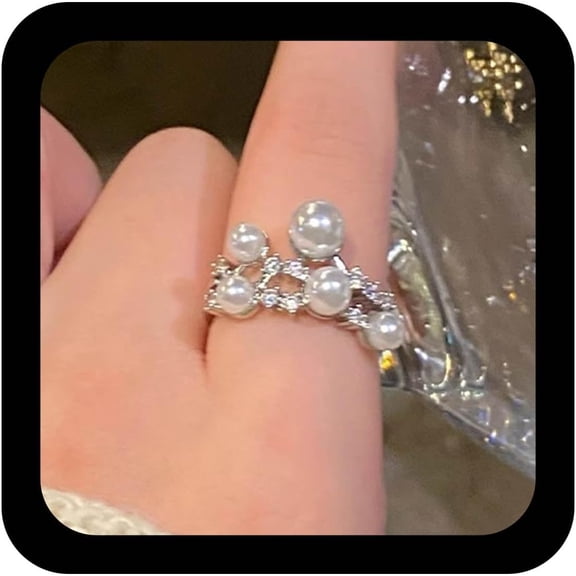 Vintage Crystal Pearl Band Ring Half Open Rhinestone Rings Silver Cz Pearl Finger Rings Adjustable Statement Ring Jewelry for Women