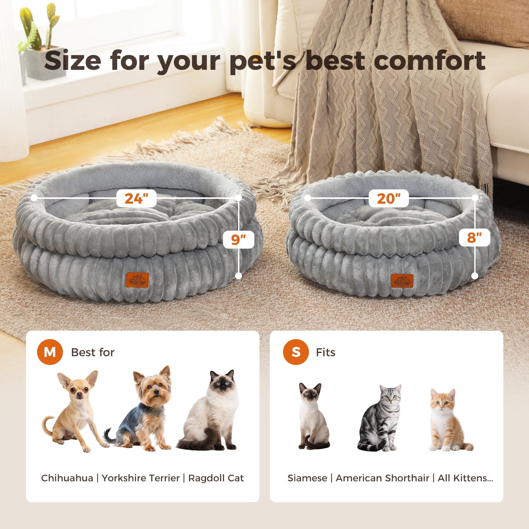PAWZ Road 24" Cat Bed Soft Plush Kitten Bed Washable Round Pet Bed for Indoor Cats and Puppy, Gray