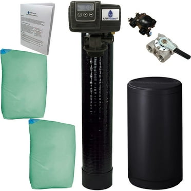 AFWFilters 2 cubic Foot 64k Whole Home Water Softener with Durable 10% Crosslink Resin, 3/4" Stainless Steel FNPT Connection, and Black Tanks