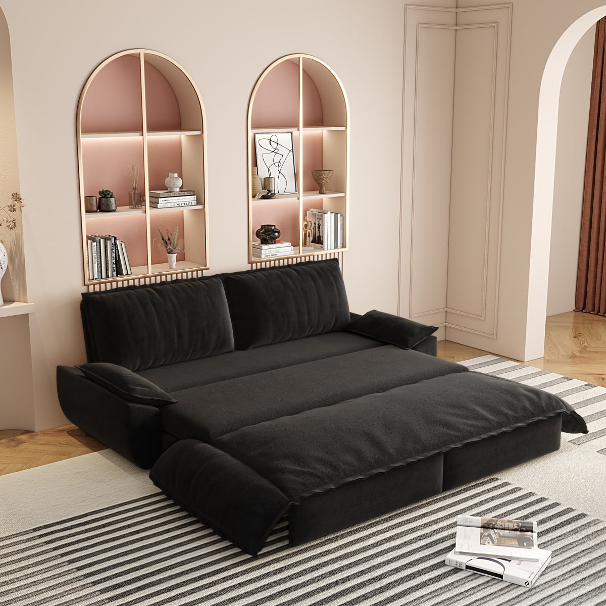 73.2" Queen Pull Out Sofa Bed, 3-in-1 Convertible Sleeper Sofa, Multi-Functional Velvet Loveseat Bed for Living Room, Bedroom, Apartment, Office