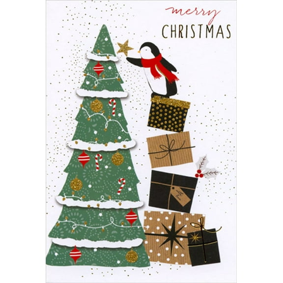 Pictura Penguin Placing Star on Tree While Standing on Presents Christmas Card