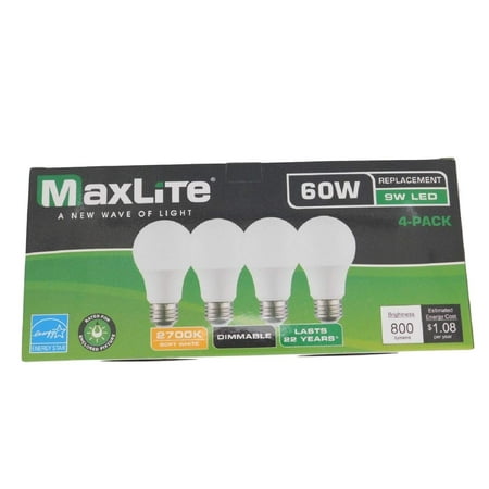 4 Maxlite Dimmable LED Soft White Light Bulb 9-Watt 60 Watt replacement