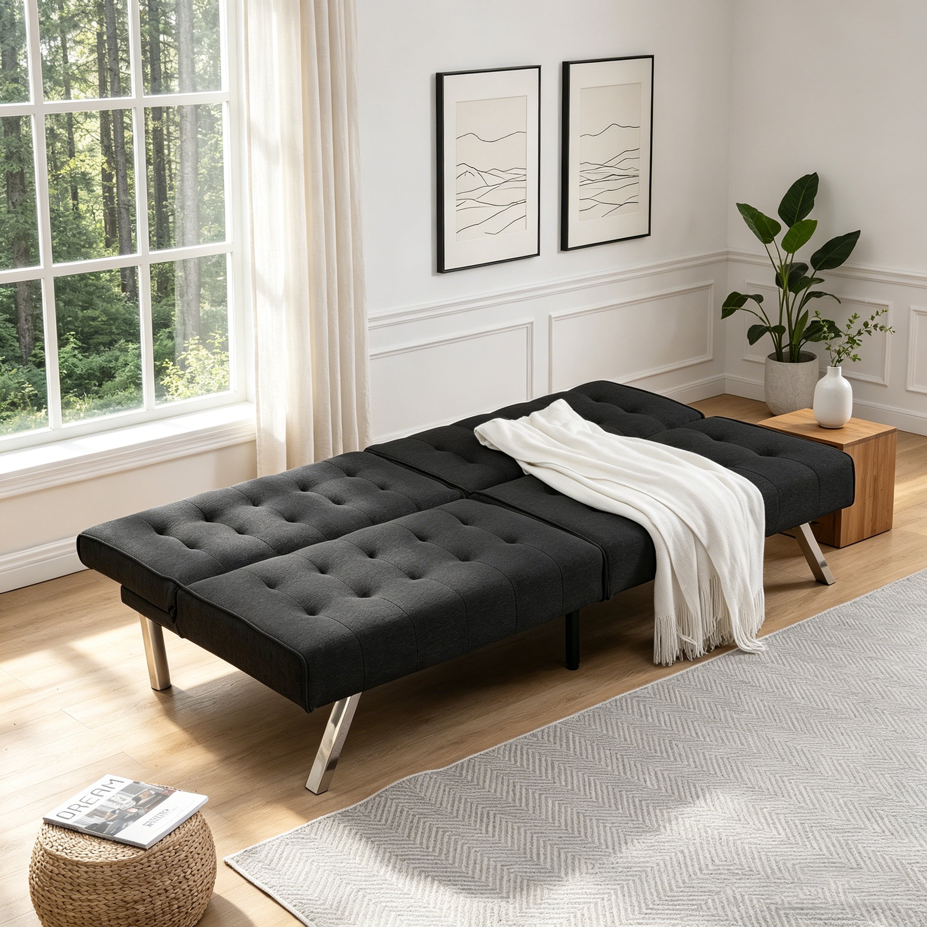 ASINMAK Convertible Sofa Bed Adjustable Couch Sleeper, Fabric Loveseat Futon Bed with Breathable Chenille, Metal Legs, and Adjustable Lounge - Perfect for Compact Living Space - Black