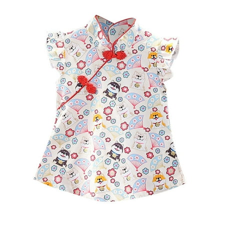 

Little Girls Dresses Size 2 Years-3 Years Cheongsam Sleeveless Floral Party Princess Dress Outfits Short Dresses Play Dress