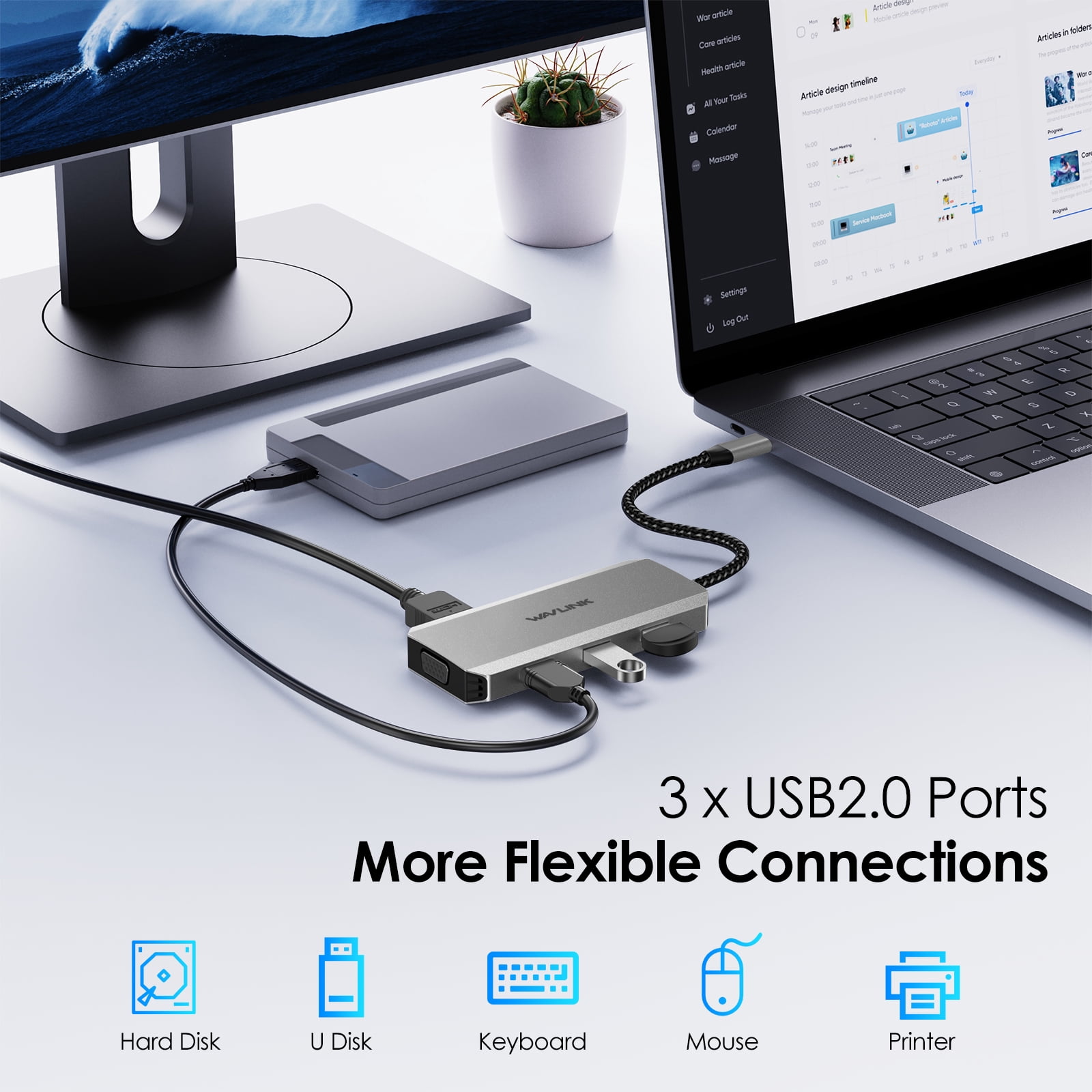 WAVLINK 7-IN-1 Multiport Adapter USB C Laptop Docking Station Quad Monitor with dual 4K HDMI, 4K DP, VGA, 3xUSB2.0