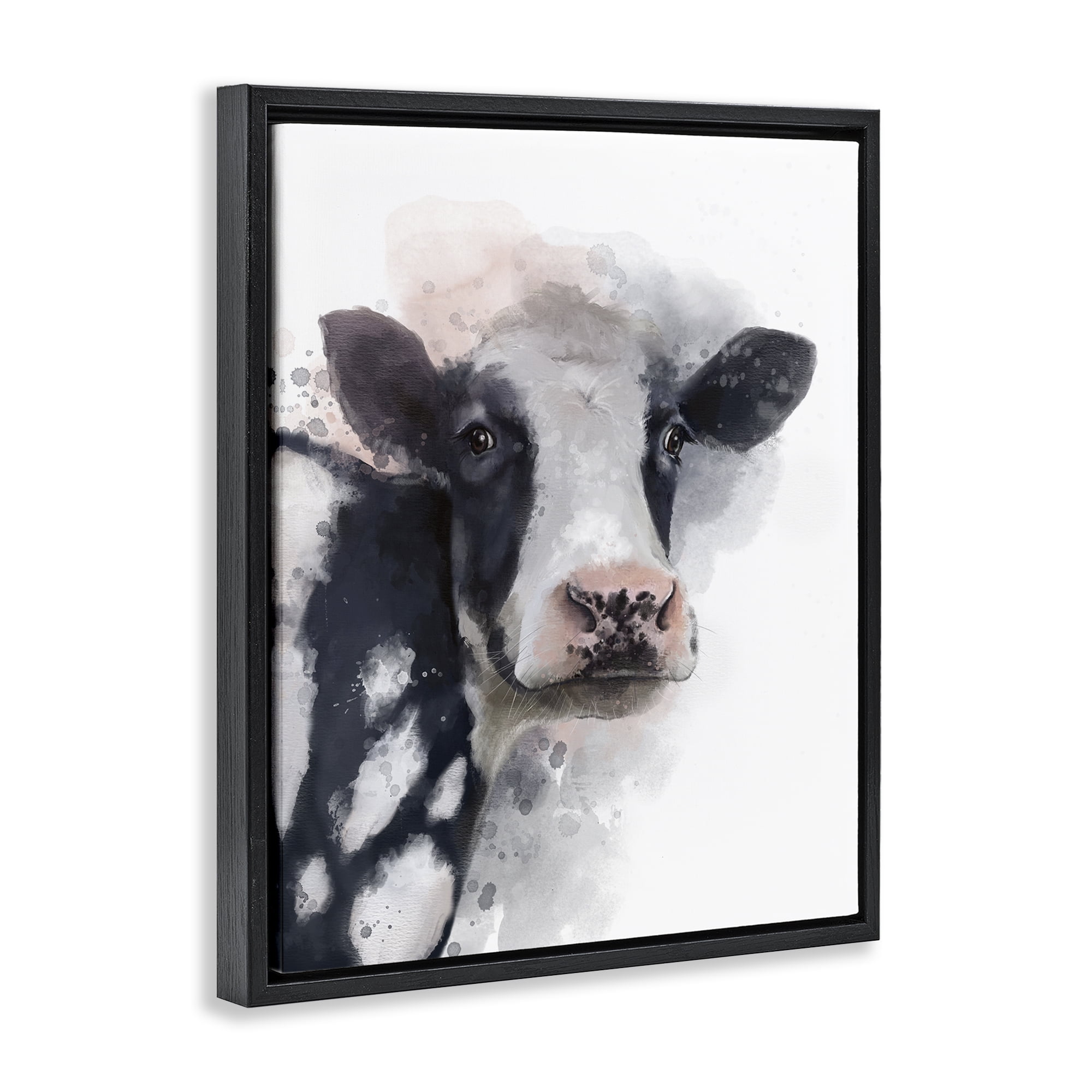 Stupell Industries Black & White Calf Animals Painting Black Floater Framed Canvas Art Print Wall Art, 25 x 31