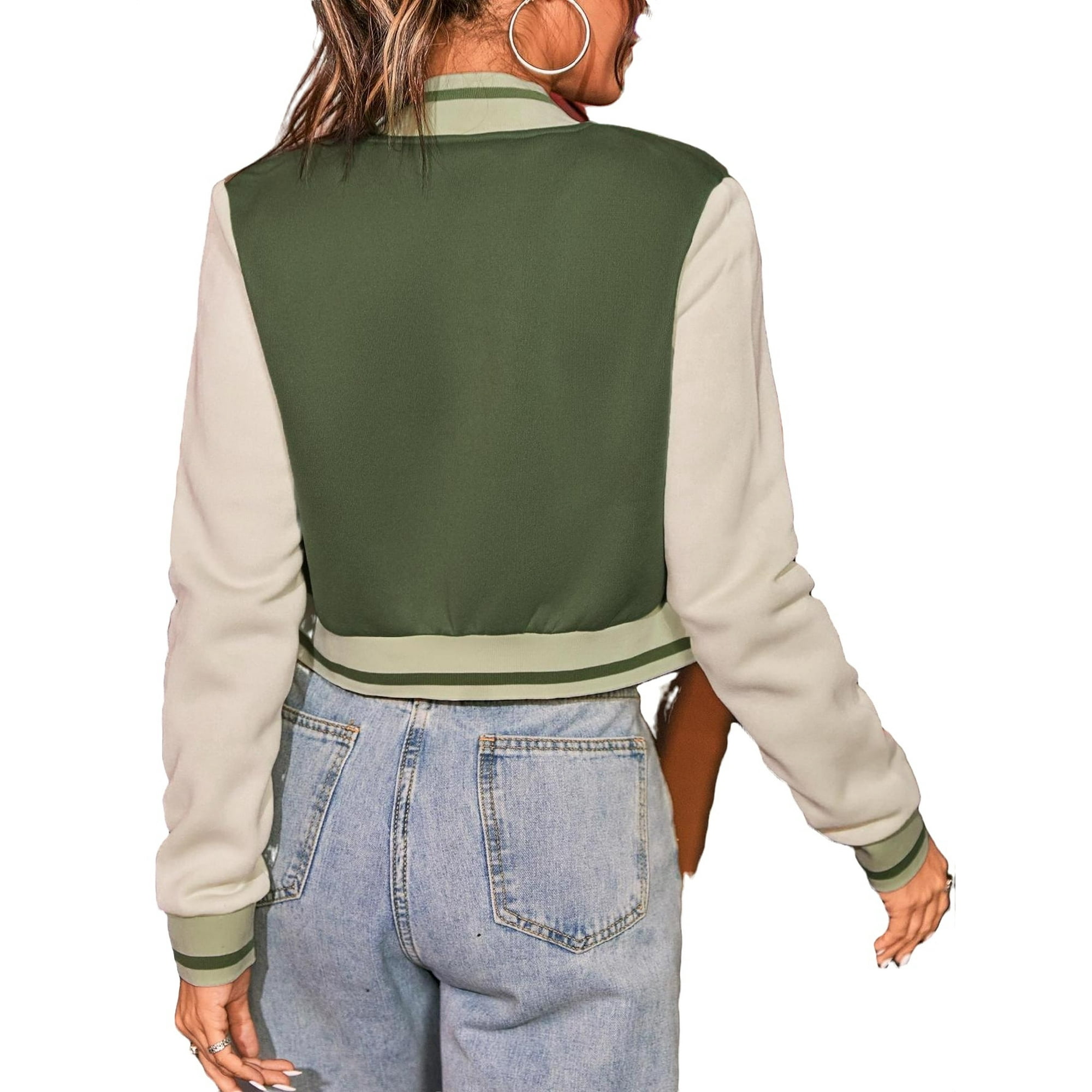 Casual Colorblock Baseball Collar Varsity Long Sleeve Green Women's Jackets  (Women's) 
