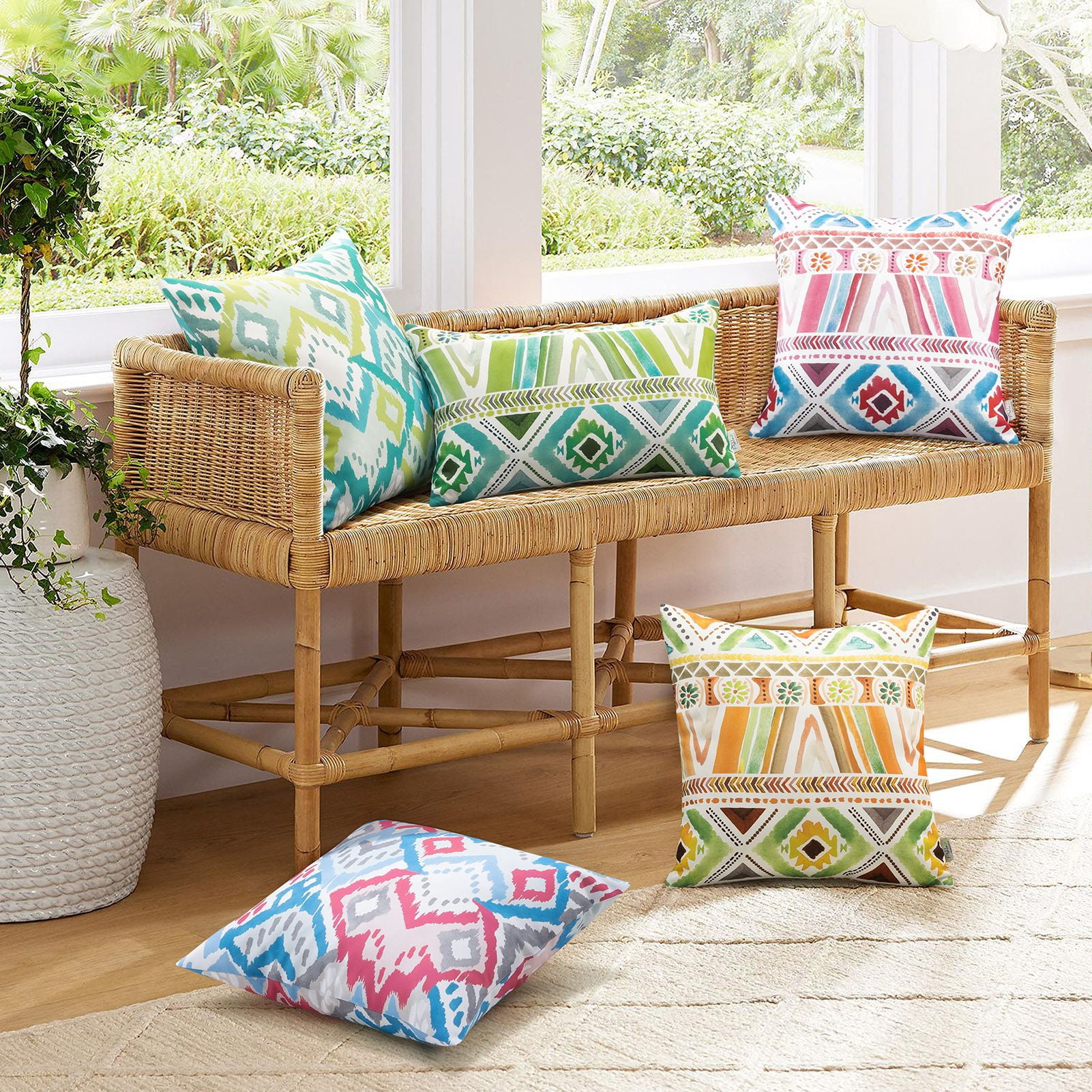 Phantoscope Boho Outdoor Decorative Throw Pillows with Inserts, Waterproof, Turquoise, 20 x 20 in, 2 Pack