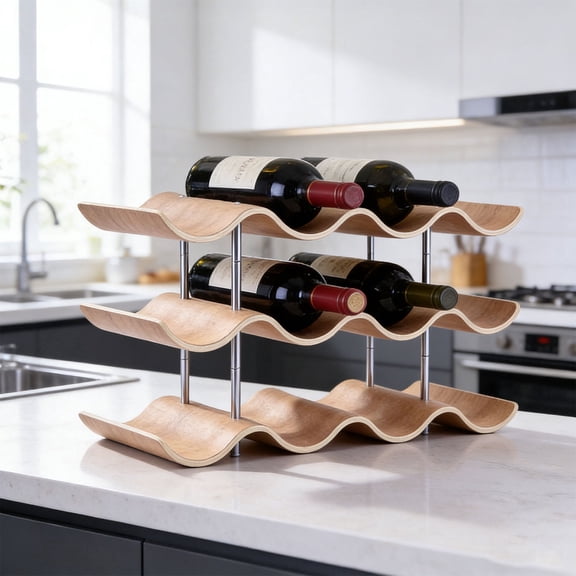 iFCOW Countertop 12 Bottle Wooden Wine Rack, 3 Tier Wavy Freestanding Wine Storage Organizer for Kitchen Pantry Home Bar