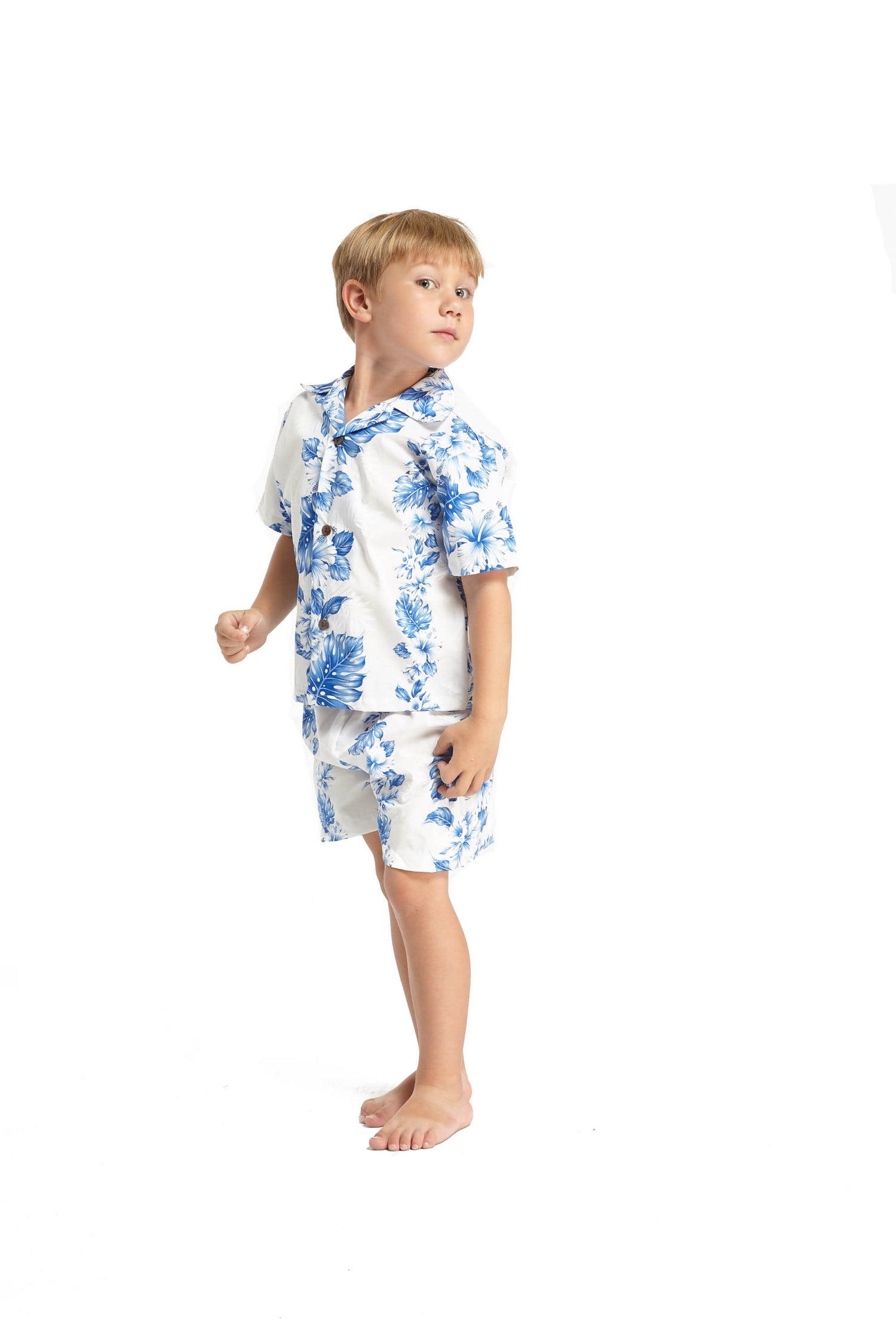 Boy Hawaiian Shirt and Shorts 2 Piece Cabana Set in Blue Classic Style with Ukulele