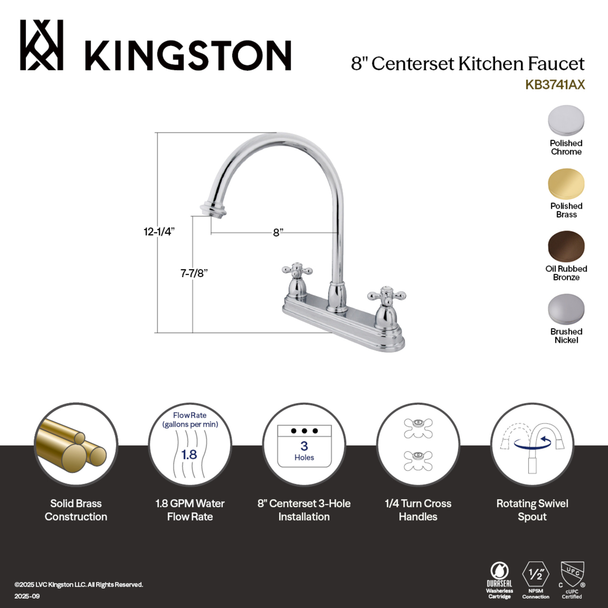 Kingston KB3742AX Restoration Two-Handle 3-Hole 8" Centerset Kitchen Faucet in Polished Brass