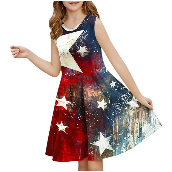 MKOSPLRT Wedding Guest Dresses for Girl American Flag Dress Sleeveless Crew Neck A Line Dress Vintage Independence Day Graphic Midi Tank Dress