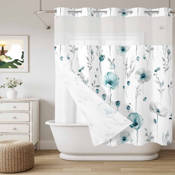 No Hook Shower Curtain with Snap in Liner, Pastoral White Turquoise Flower Curtain Set See-Through Top Double Layers Classic Floral Art Shower Curtains for Bathroom Decor, 72x72in