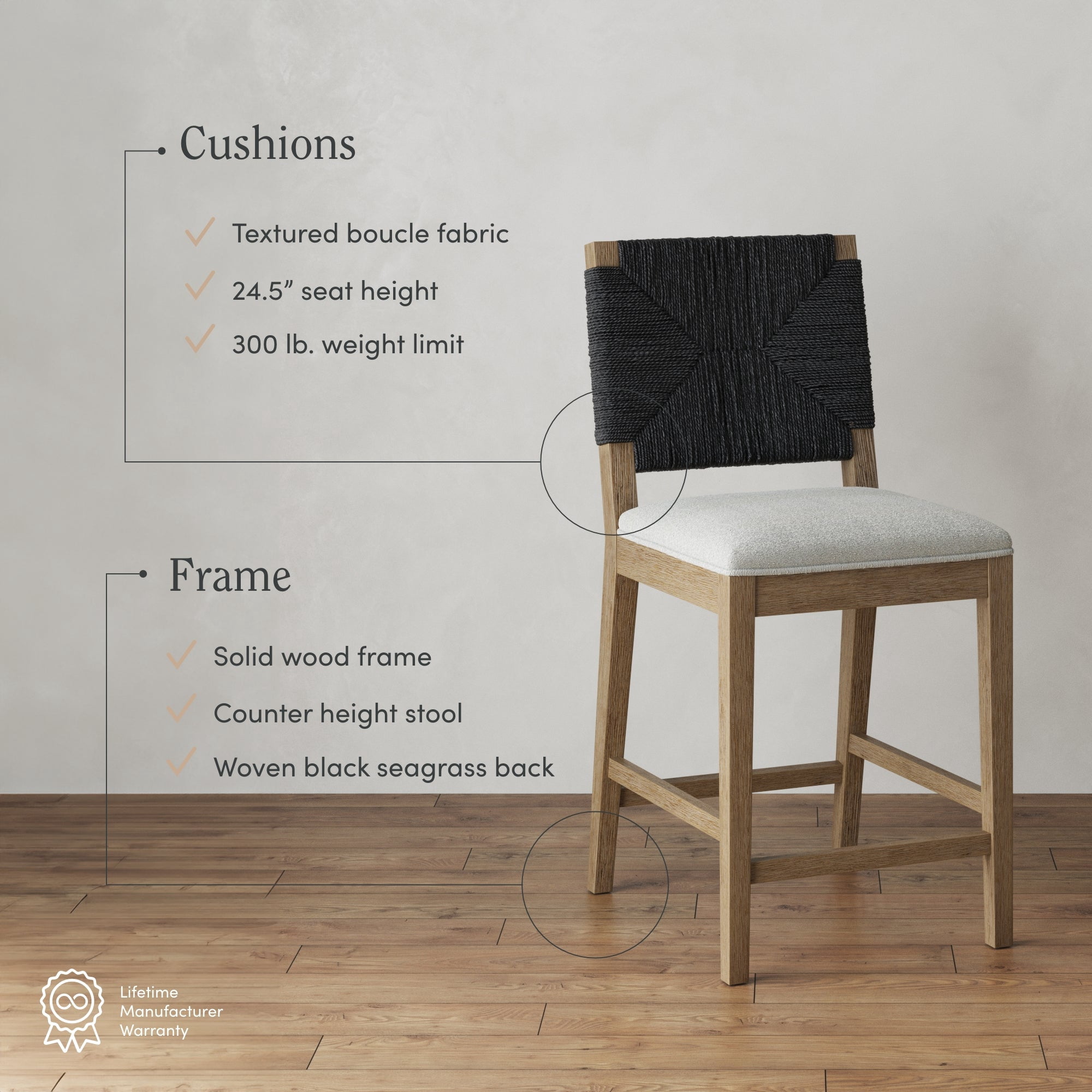 Nathan James Beacon Bohemian Boucle Bar Stool, Upholstered Bar Stool or Island Chairs for Kitchen, Seagrass Counter Height Stool with Back and Solid Wood Legs, Cream Boucle/Gray