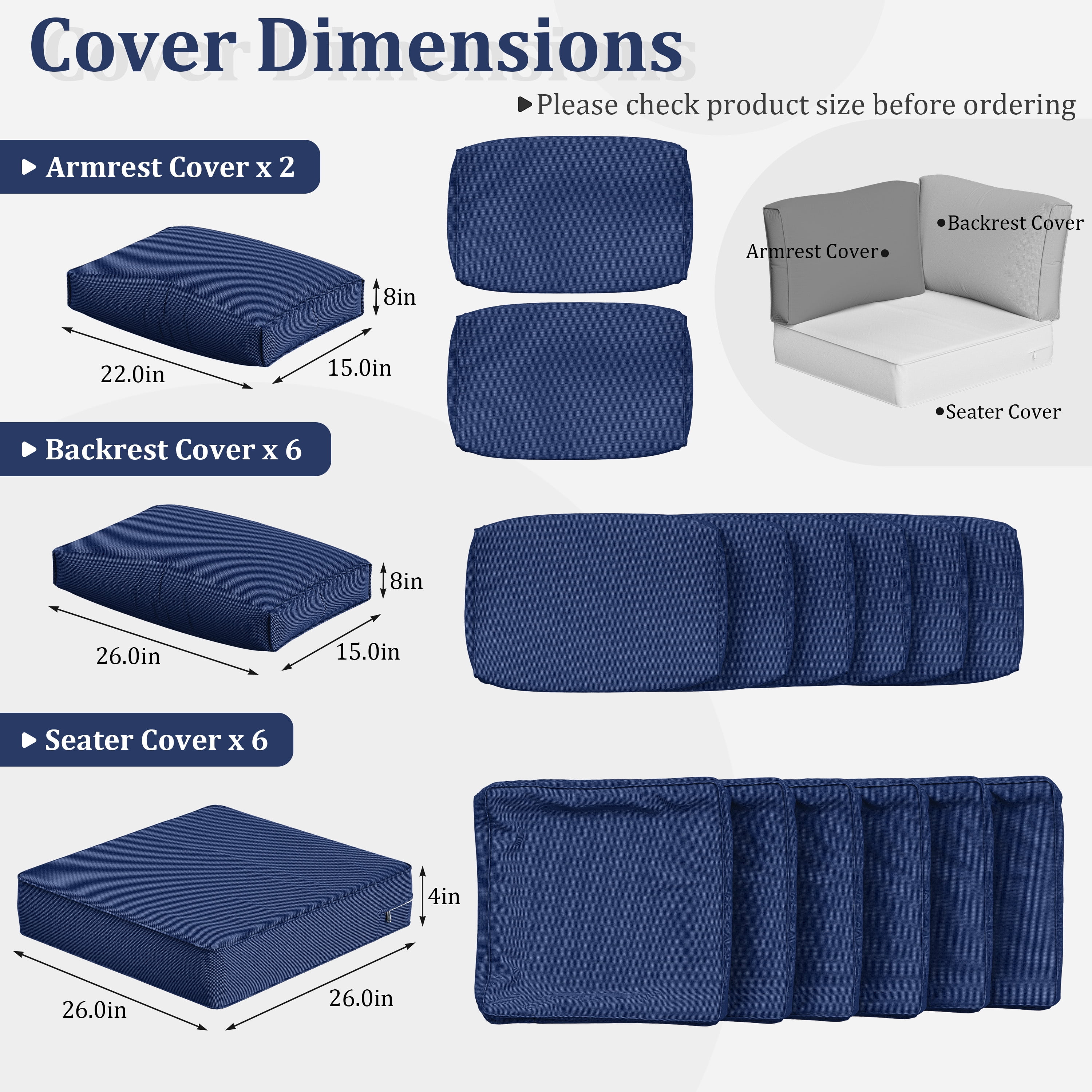 Snubbull 14 Piece 26" x 26" Patio Cushion Covers Replacement, Outdoor Patio Wicker Sofa Washable Cushion Slipcovers with Zipper, Blue