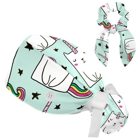 

Working Cap with Buttons and Sweatband Scrub Hat Bouffant Caps with Scrunchie Unicorn Tie Back Hats