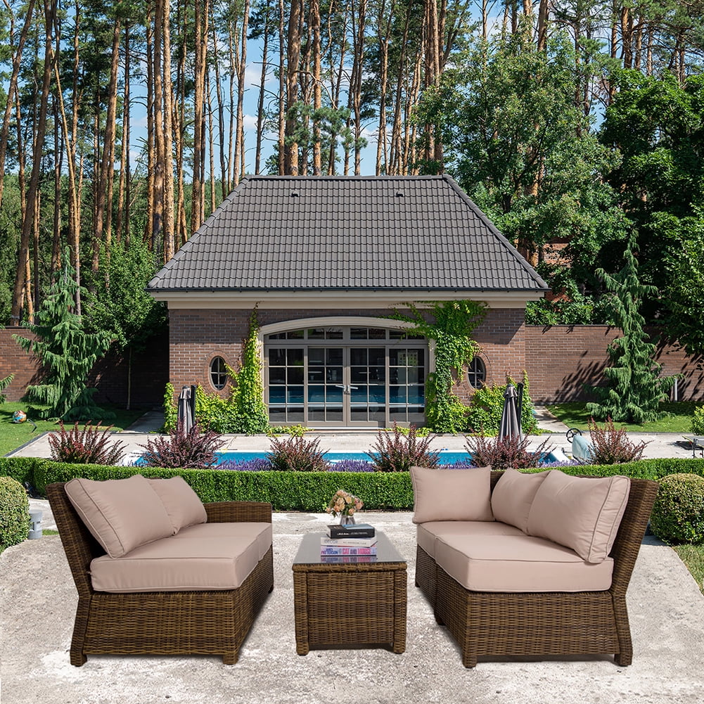 Kadyn 4-Piece Rattan Sectional Sofa Sets, Outdoor Patio Furniture Set with Loveseat, One-seat chair, Corner Chair, Glass Table, PE Rattan Patio Conversation Furniture Sets for Garden, Khaki Kadyn 4-Piece Rattan Sectional Sofa Sets, Outdoor Patio Furniture Set with Loveseat, One-seat chair, Corner Chair, Glass Table, PE Rattan Patio Conversation Furniture Sets for Garden, Khaki