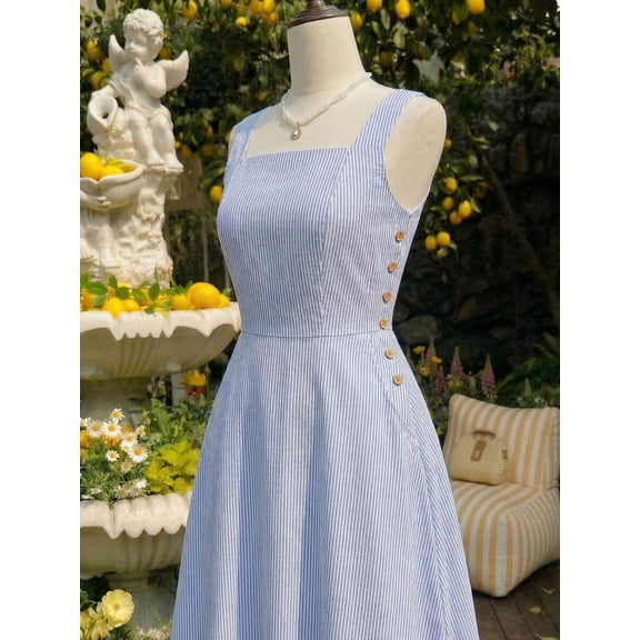 Blue And White Striped Square Neck Midi Dress With Button Detail And Exterior Pockets, Casual Elegant Summer Dress For Women