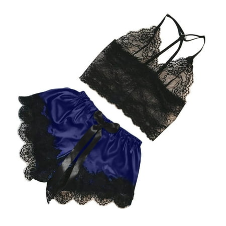 

TIHLMK Womens Pajama Sets Deals Clearance Women V-Neck Eyelash Lace Sexy Stain Camisole Pajamas Bowknot Shorts Set Gift for Women