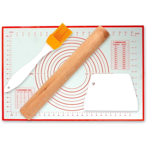 TIE-DailyNec Silicone Baking Mat with Scale, Non-Stick Dough Mat Set with Rolling Pin Scraper Brush, 16x24 Inch Kitchen Baking Supplies