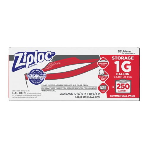 New Ziploc Double Zipper Storage Bags, 1 gal, 1.75 mil, 10.56' x 10.75', Clear, 250/Box,Each