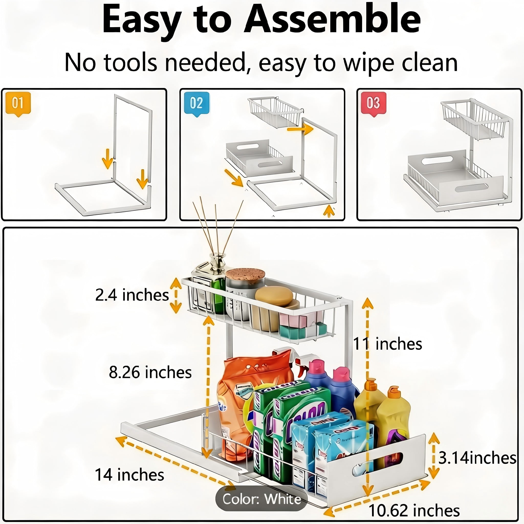 L-Shaped Under Sink Organizer, 2 Tier Pull Out Cabinet Organizer, Heavy Duty Metal Storage with Slide Out Drawer, Holds 50 Lbs, Rust-Proof Bathroom & Kitchen Sink Rack, White