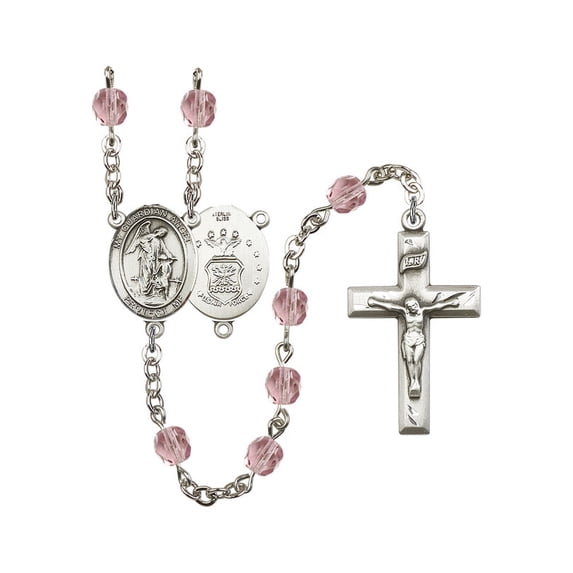 Guardian Angel / Air Force Silver-Plated Rosary 6mm June Light Purple Fire Polished Beads Crucifix Size 1 3/8 x 3/4 medal
