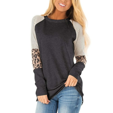 SHIBEVER Women's Long Sleeve Tops Round Neck T-Shirts for Women Fall Fashion Leopard Print Tops Casual Workout Loose Tunics Tops Gray Black Blouses Size XL