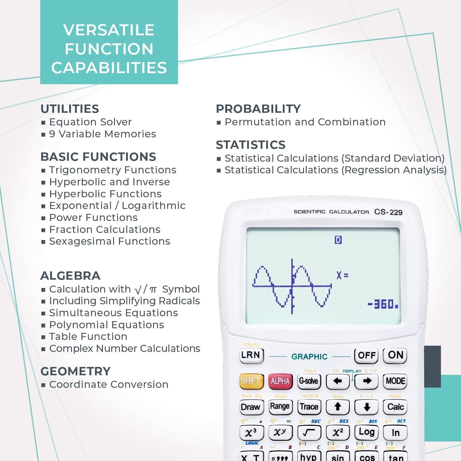 Scientific Calculator with Graphic Functions - Multiple Modes with Intuitive Interface - Perfect for Students of Beginner and Advanced Courses, High School or College
