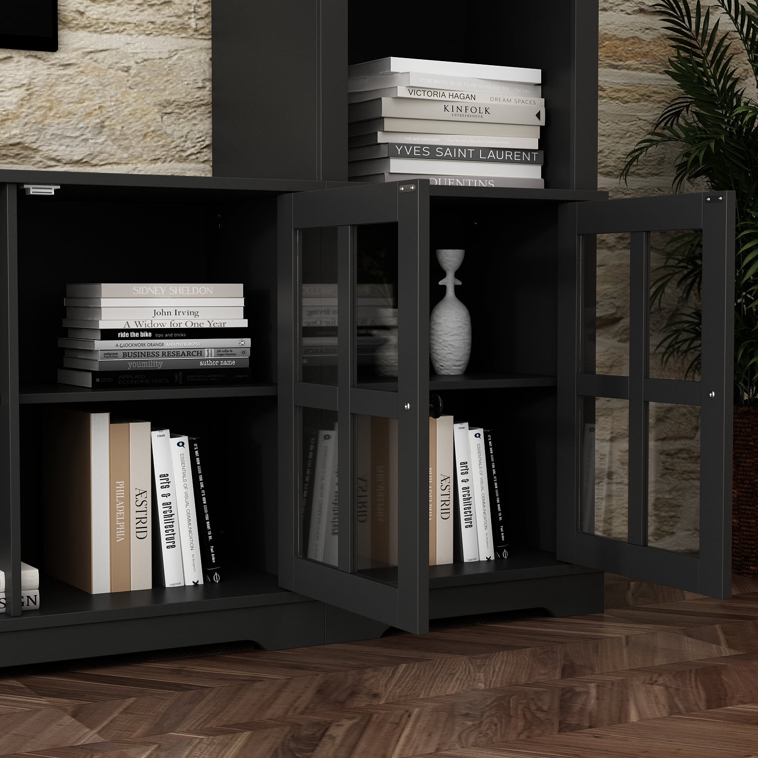 OXYLIFE Large Entertainment Center with Bookcase, TV Media Center Console Table with Open Shelves and Glass Door, Black