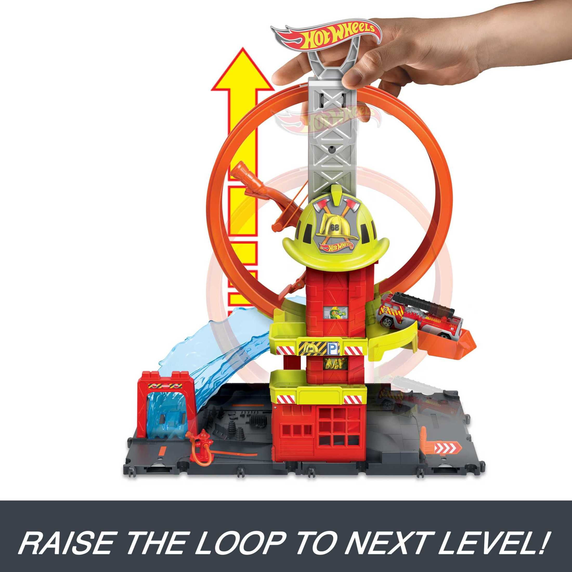 Hot Wheels City Super Loop Fire Station Playset & 1 Toy Firetruck in 1:64 Scale