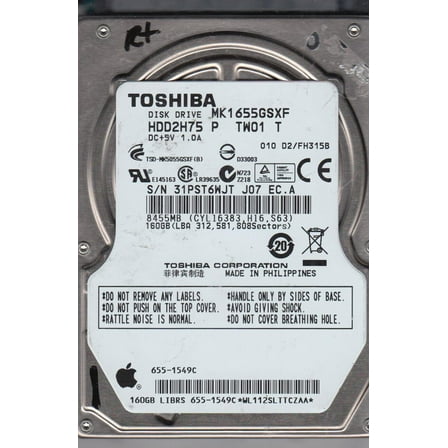 MK1655GSXF, D2/FH315B, HDD2H75 P TW01 T, Toshiba 160GB SATA 2.5 Hard Drive