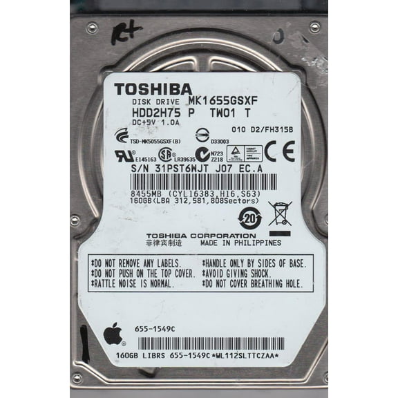 MK1655GSXF, D2/FH315B, HDD2H75 P TW01 T, Toshiba 160GB SATA 2.5 Hard Drive