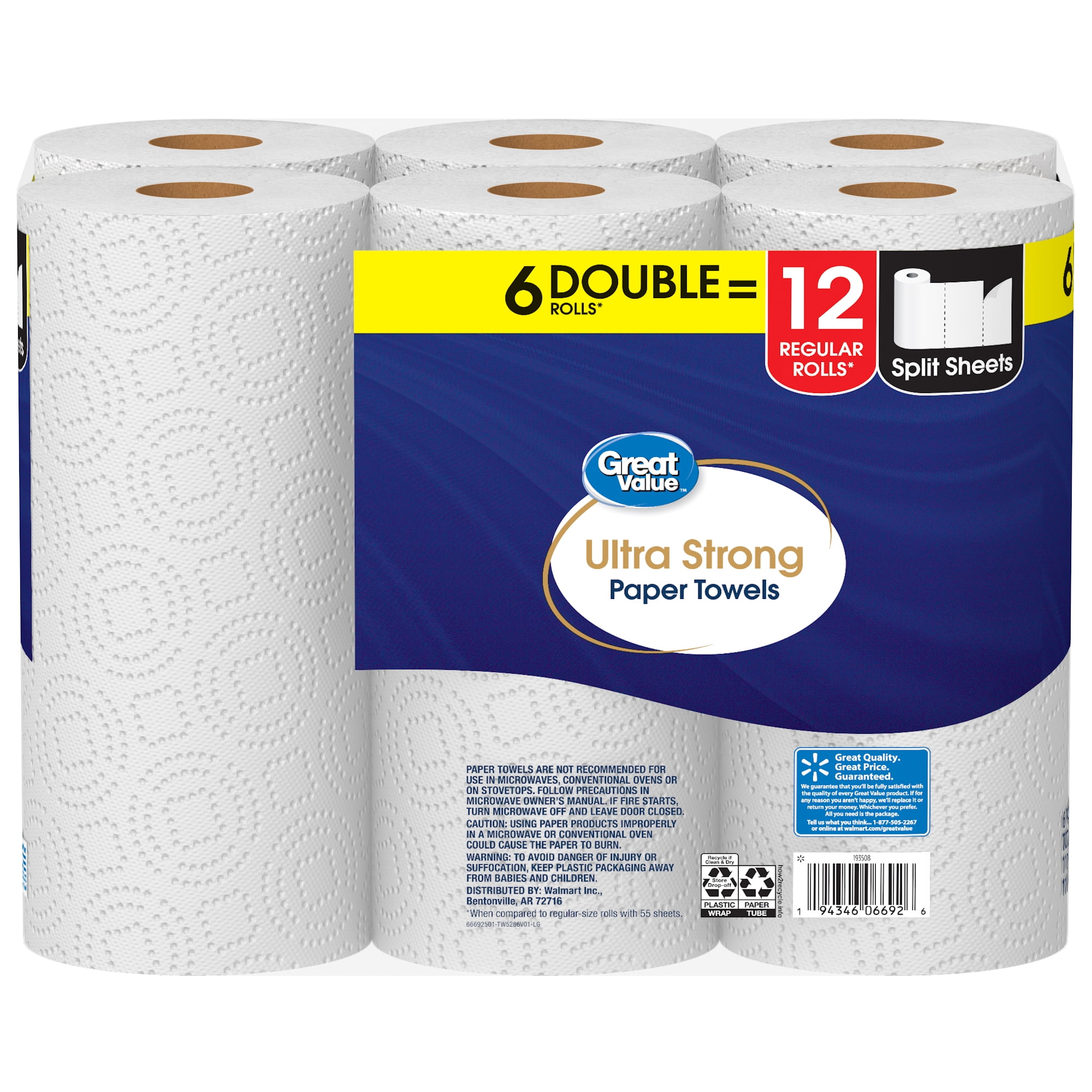 Great Value Ultra Strong Paper Towels, Split Sheets, 2 Double Rolls