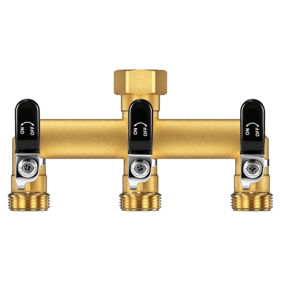 FOHAWISE 3 Way Brass Garden Hose Splitter, Heavy Duty Brass Body, 3/4" GHT & Independent Shut-Off Valves, Wide Spacing for Larger Timers (Black)