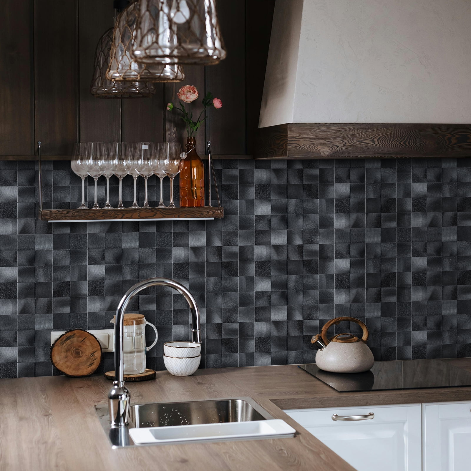 6-Sheet Black Peel and Stick Backsplash Square Tile, 12" x 12" Self Adhesive Embossed Surface Texture Stick on Wall Tiles for Kitchen Bathroom