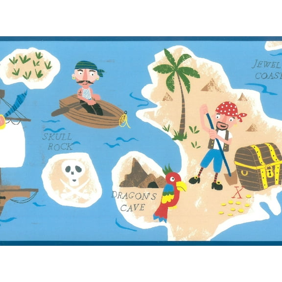 Dundee Deco Prepasted Wallpaper Border - Kids Blue, Beige, Brown, Green Pirates, Treasure Chest, 15 ft x 6 in