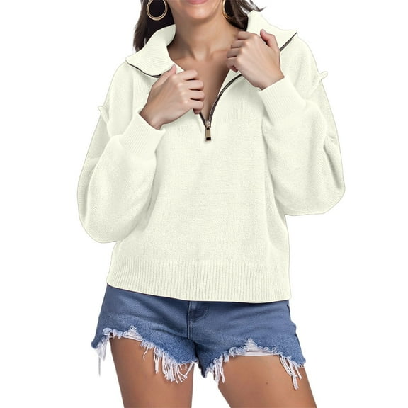 Fiaer Quarter Zip Sweater for Women V Neck Long Sleeve Knitted Pullovers Lapel Collared Loose Fit Fashion Casual Tops White XL