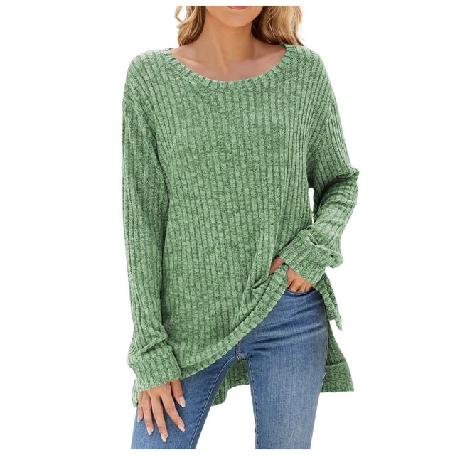 TJAZFJPA Chandails Surdimensionnés pour Femmes Grande Taille Blanc T-Shirt à Col Rond pour Femme à Manches Longues avec Fente en Fourrure Haut T-Shirt pour Femmes Chandails Surdimensionnés Automne Chandail Brun Femme