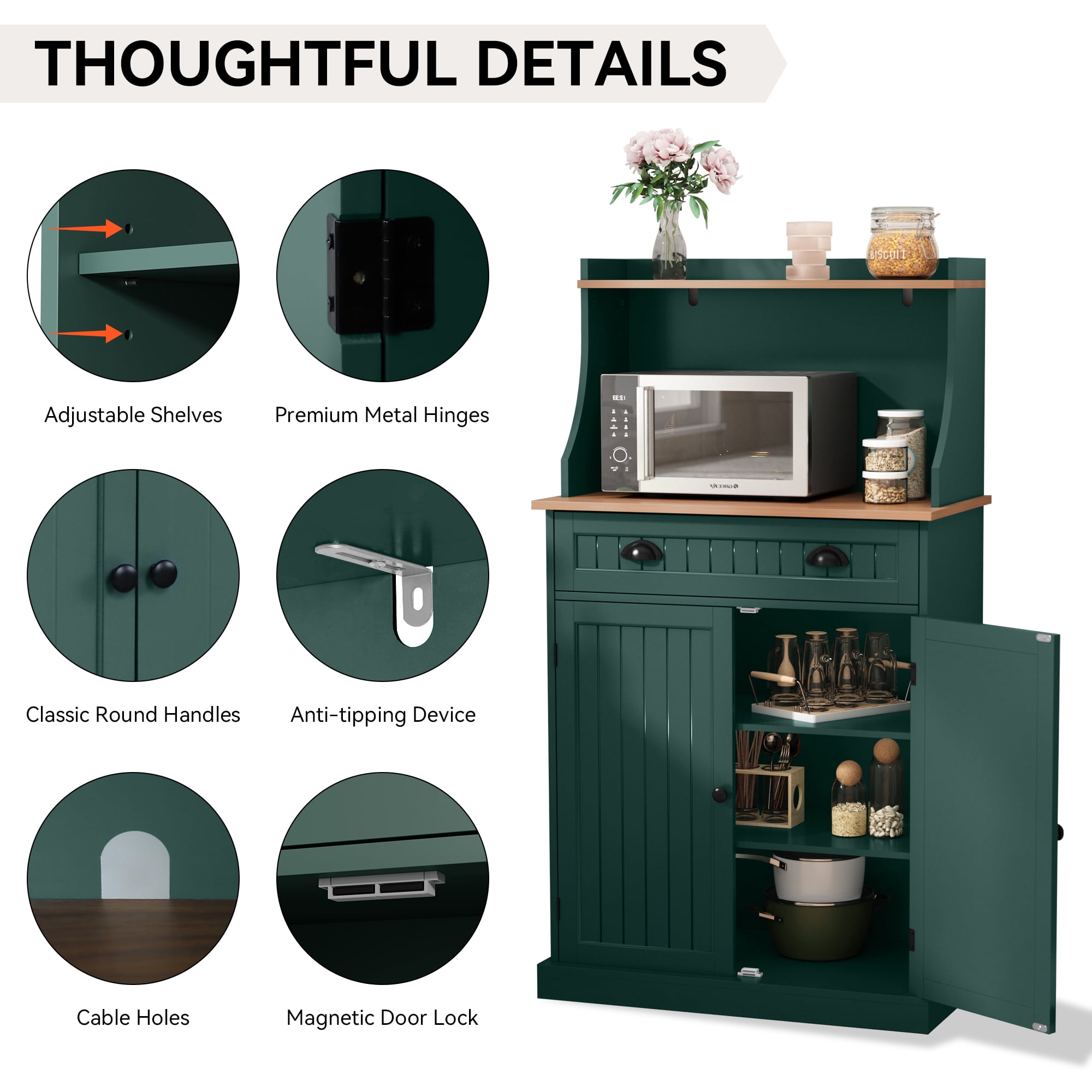 CBJCBJ 54" Kitchen Pantry Cabinet with Door & Shelves, Sideboard Buffet Cabinet with Microwave Stand for Dining Room,Green