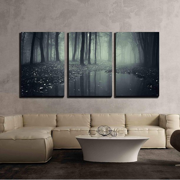 wall26 3 Piece Canvas Wall Art Pond in a Forest with Fog and Fallen