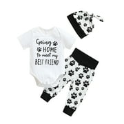 Bebiullo Baby Suit Letter Dog Paw Print Short Sleeve Romper Long Pants Knotted Cap