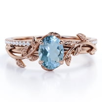 JeenMata Prong Setting 1.5 Carat Ovate Brazilian Created Aquamarine and Moissanite Leaf Design Wedding Ring Set in 18K Rose Gold Plating over Silver