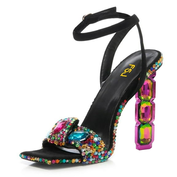 FSJ Women Diamond Heel Sandals Square Open Toe Ankle Strap Jewel High Heel Sandals Party Shoes Size 8 Black-colorful rhinestones