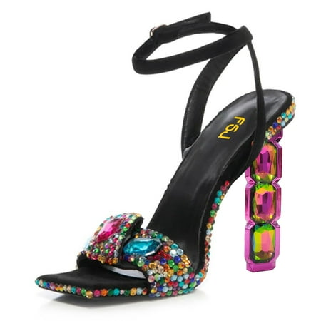 

FSJ Women Diamond Heel Sandals Square Open Toe Ankle Strap Jewel High Heel Sandals Party Shoes Size 6.5 Black-colorful rhinestones