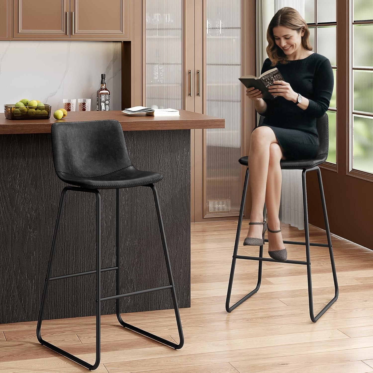 GIKPAL Bar Stools 30" Faux Leather Counter Height Barstools with Back Set of 2, Modern Counter Stools with Metal Legs and Footrest, Armless Chairs with Back for Kitchen Living Room Pub, Black
