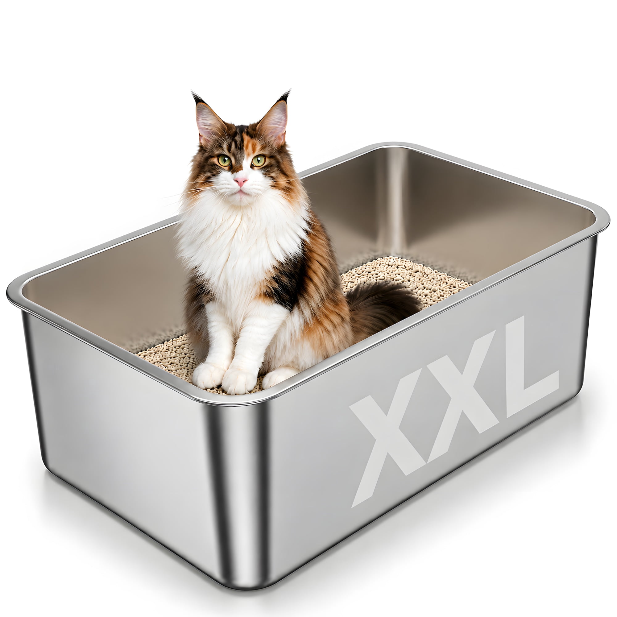 Stainless Steel Litter Box Extra Large, Bug Hull Open Top Cat Litter Box with High Sides, 23.6" x 15.6" x 8"