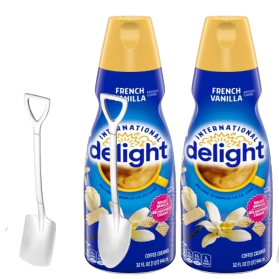 Candy Freezer Int'l Delight Shelf-stable Non-dairy Liquid Coffee Creamer.- Pack of Two (2) 32 fl oz Bottles (French Vanilla) with Shovel Spoon
